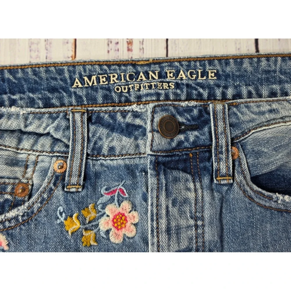 American Eagle Denim Mini‎ Skirt Womens 2 Blue Excellent Floral Embroidered Boho